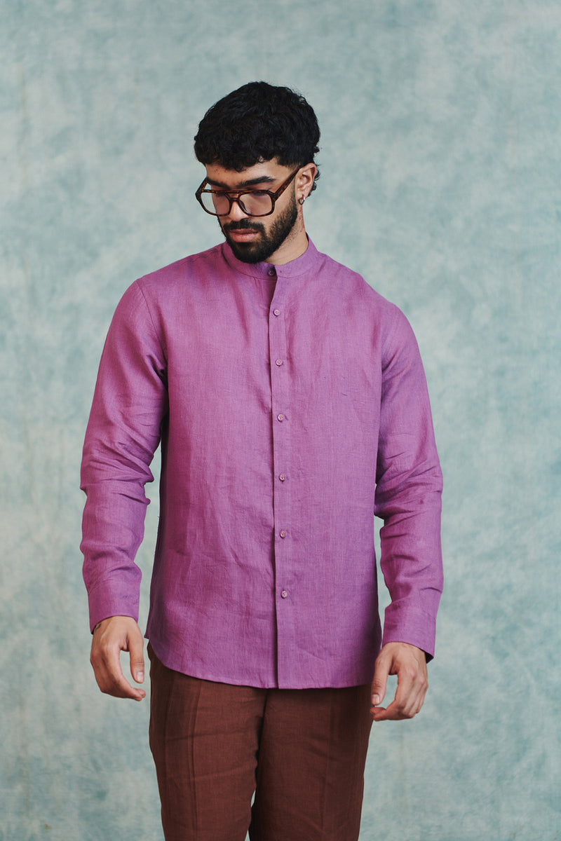 Berry Linen Men's Band Collar Shirt linen shirt by Saphed Men in lilac for men Worldwide