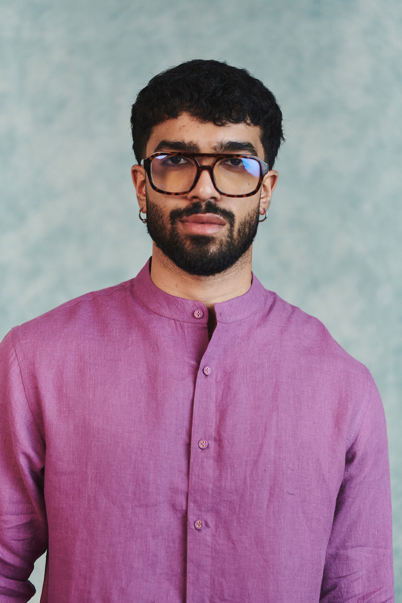 Berry Linen Men's Band Collar Shirt linen shirt by Saphed Men in lilac for men Worldwide