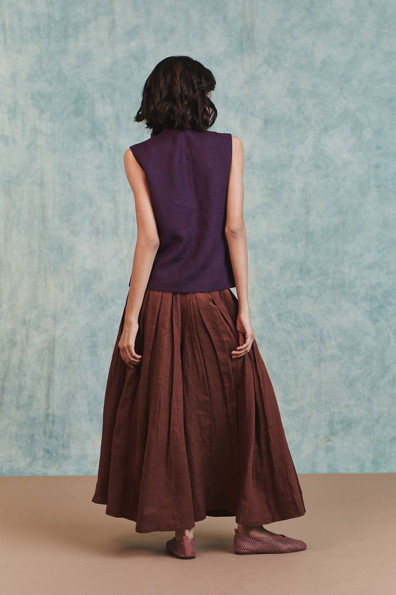 Chocolate Linen Multi-Pleated Pants 100% pure linen pant/trouser by Saphed in brown for women Worldwide