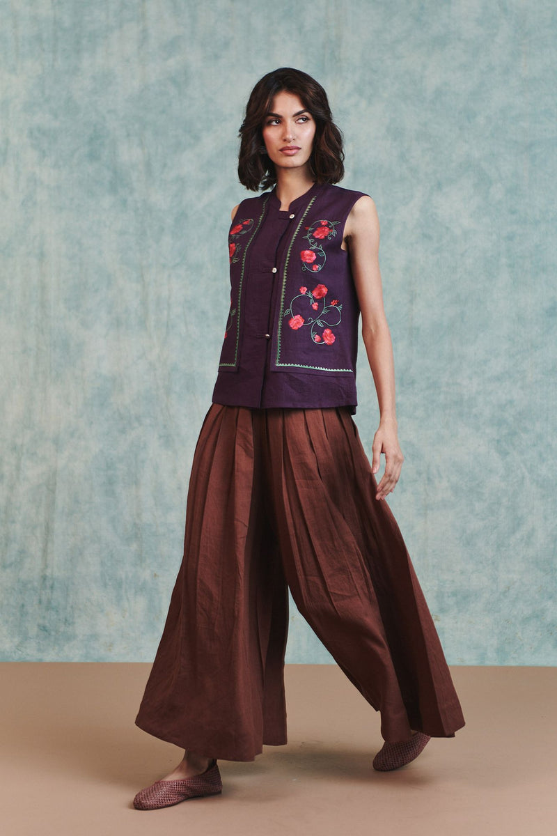 Chocolate Linen Multi-Pleated Pants 100% pure linen pant/trouser by Saphed in brown for women Worldwide