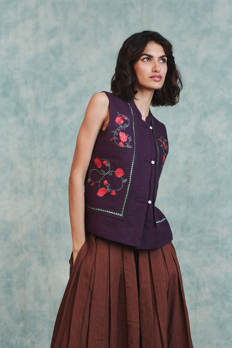 Plum Linen Embroidered Double Panel Waistcoat 100% pure linen jacket/overlay by Saphed in plum for women Worldwide