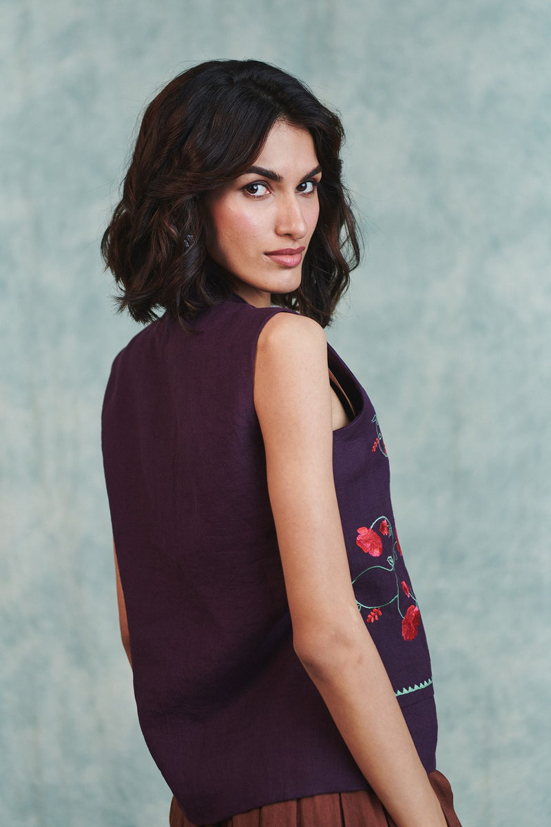 Plum Linen Embroidered Double Panel Waistcoat 100% pure linen jacket/overlay by Saphed in plum for women Worldwide