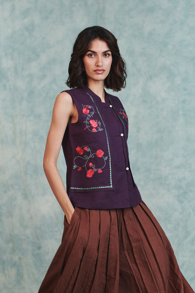 Plum Linen Embroidered Double Panel Waistcoat 100% pure linen jacket/overlay by Saphed in plum for women Worldwide