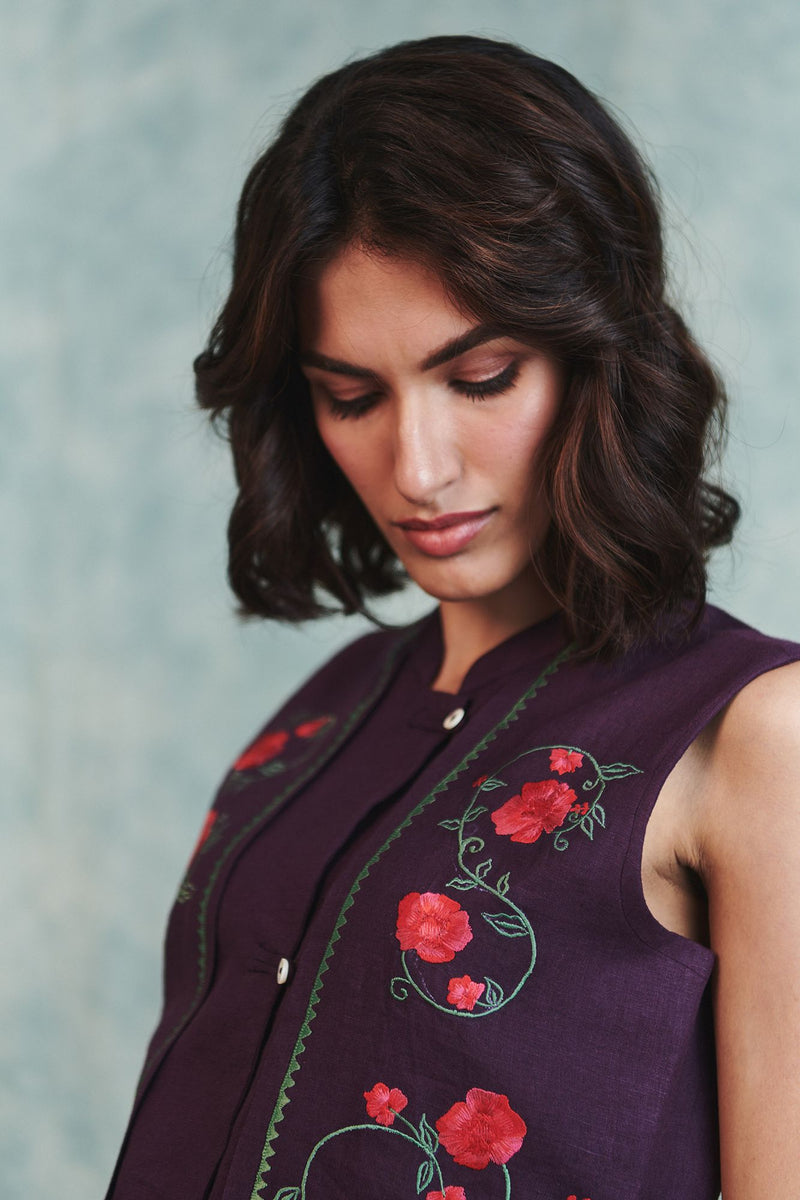 Plum Linen Embroidered Double Panel Waistcoat 100% pure linen jacket/overlay by Saphed in plum for women Worldwide