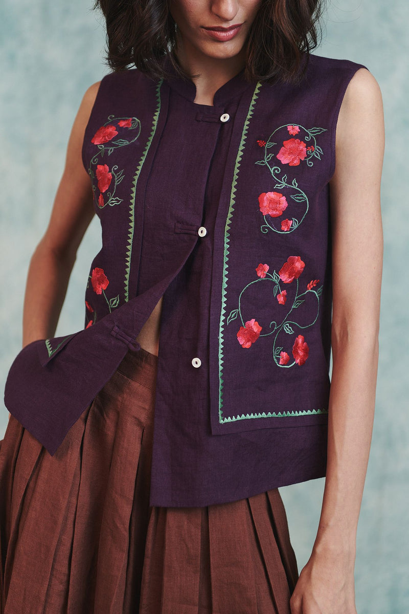 Plum Linen Embroidered Double Panel Waistcoat 100% pure linen jacket/overlay by Saphed in plum for women Worldwide