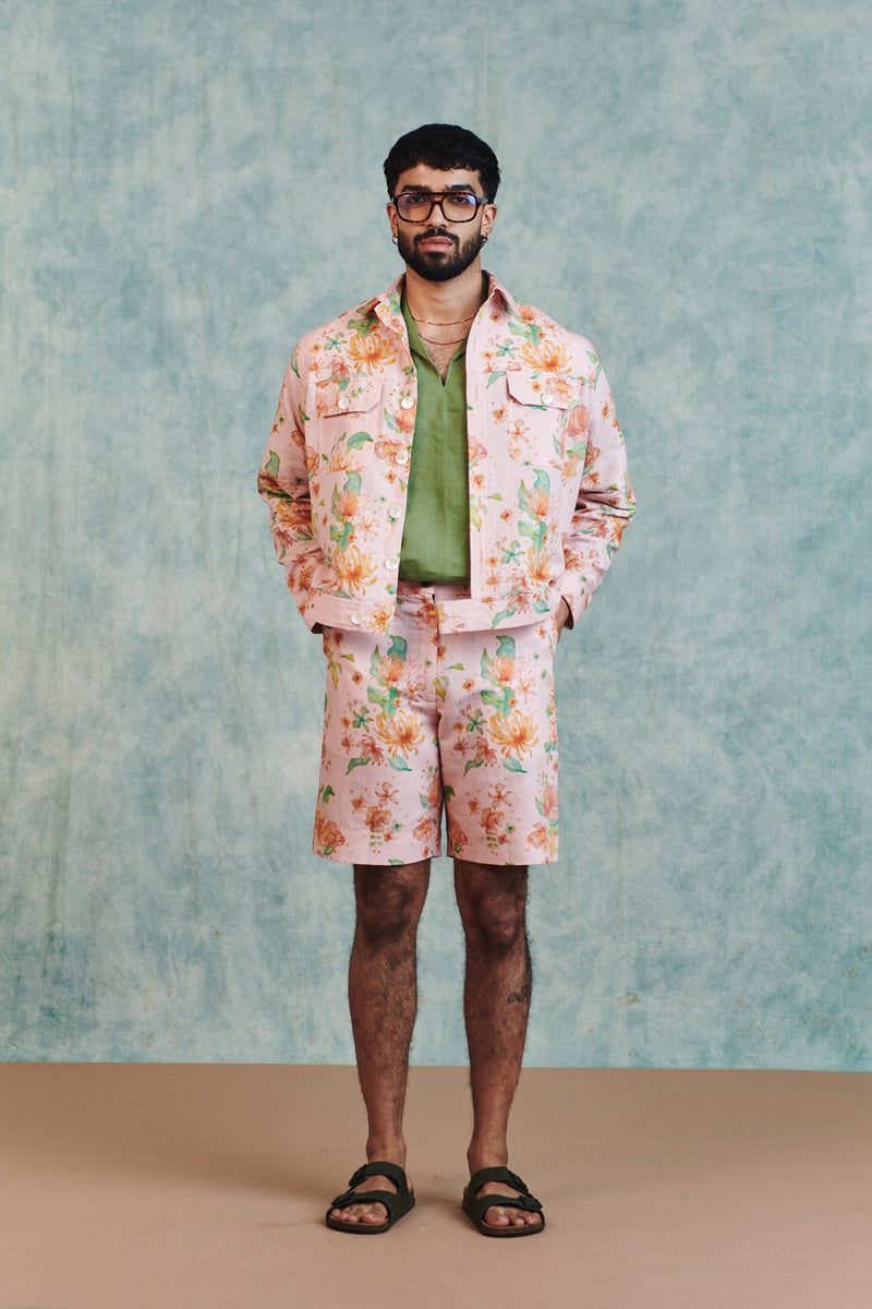 Flora Co-Linen Men's Trucker Jacket cotton linen jacket by Saphed Men in light pink for men Worldwide