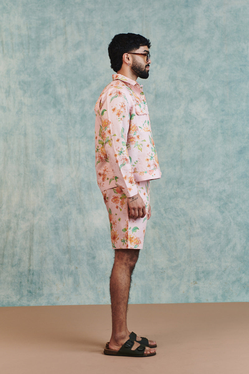 Flora Co-Linen Men's Trucker Jacket Set cotton linen co-ord set by Saphed Men in light pink for men Worldwide