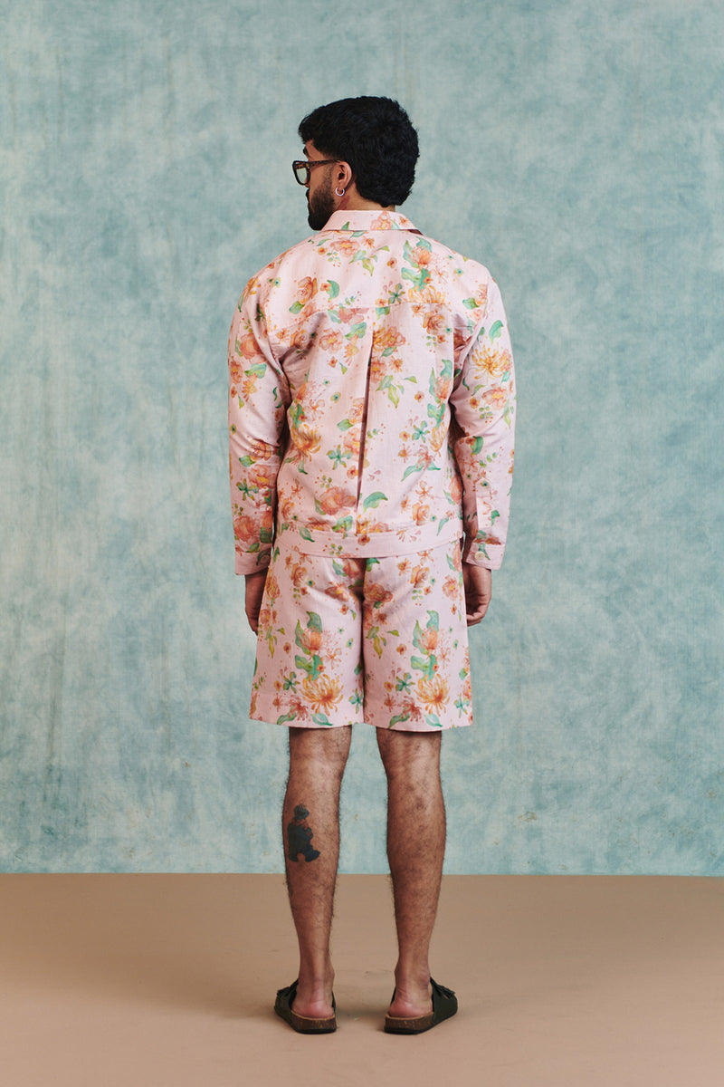 Flora Co-Linen Men's Trucker Jacket Set cotton linen co-ord set by Saphed Men in light pink for men Worldwide