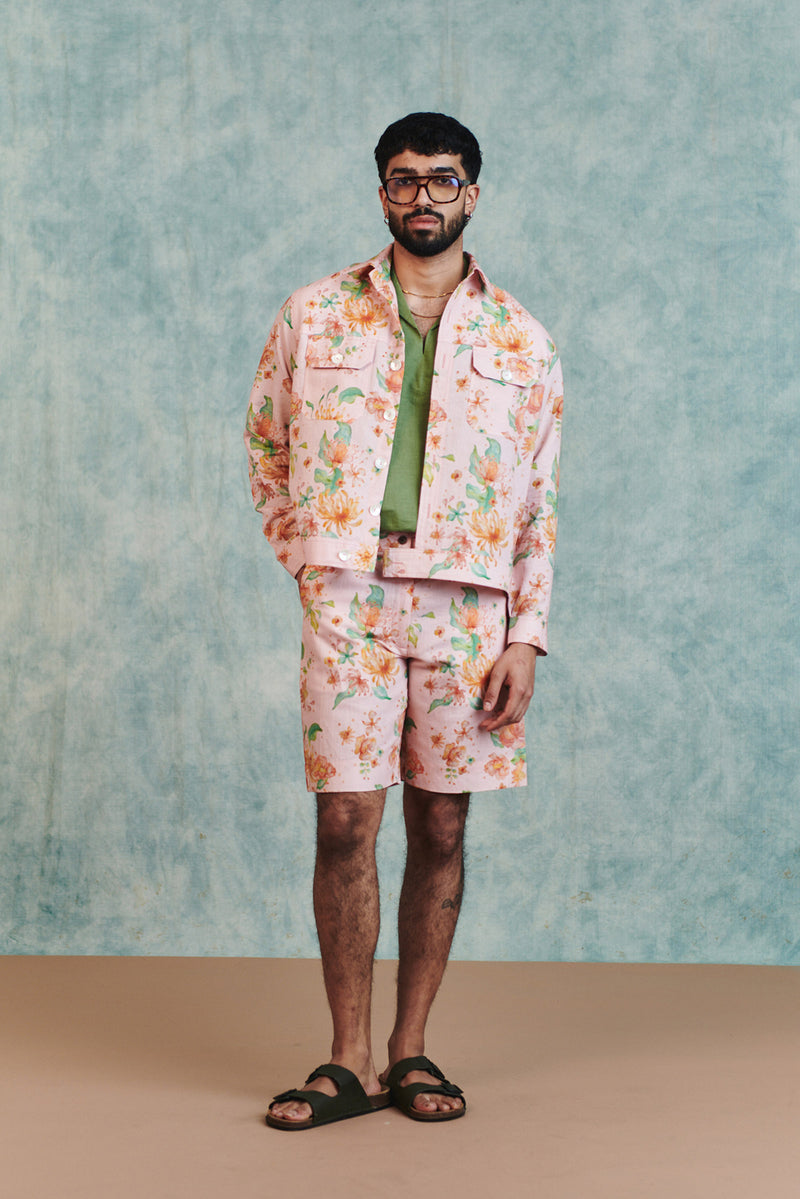 Flora Co-Linen Men's Trucker Jacket Set cotton linen co-ord set by Saphed Men in light pink for men Worldwide