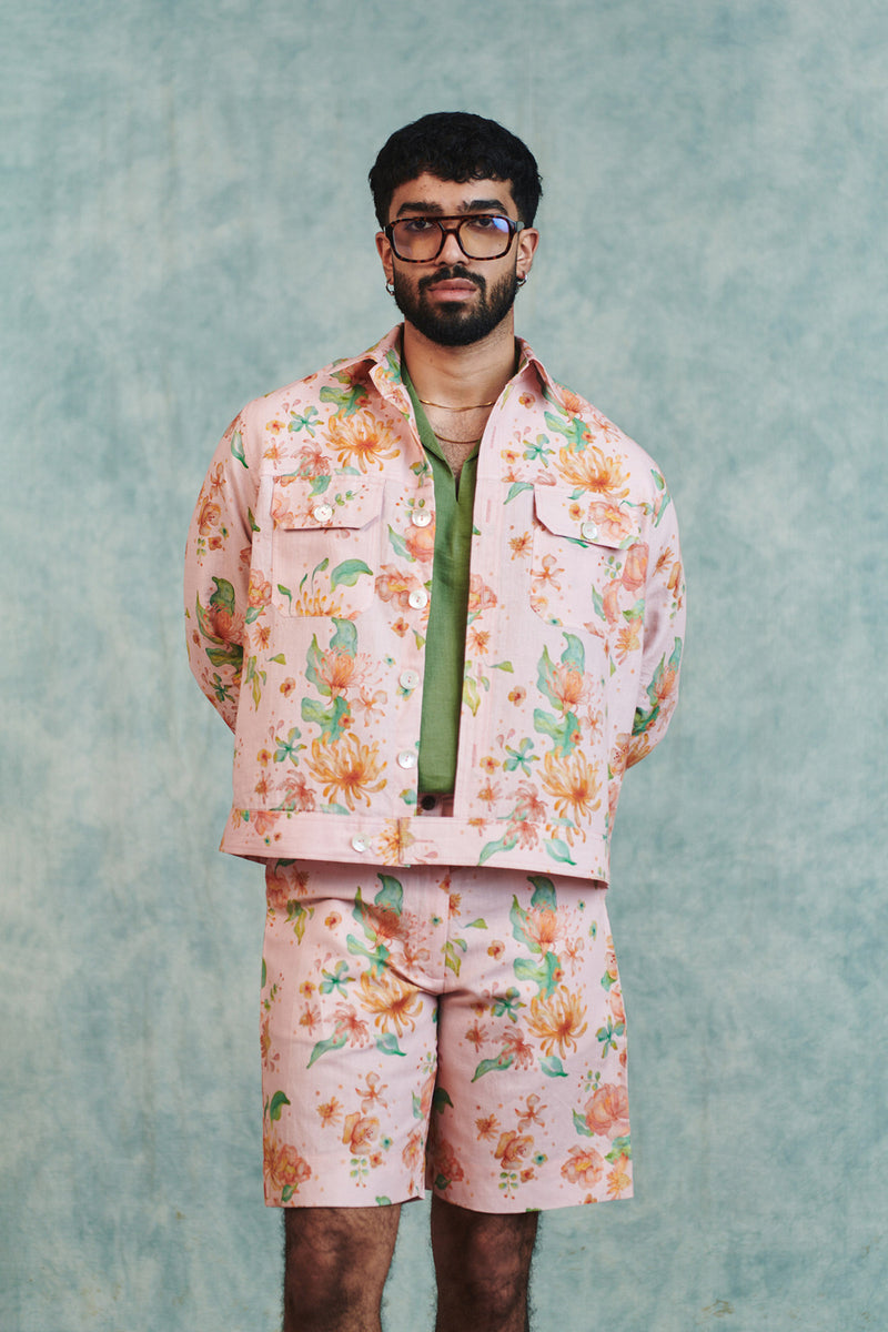 Flora Co-Linen Men's Trucker Jacket Set cotton linen co-ord set by Saphed Men in light pink for men Worldwide