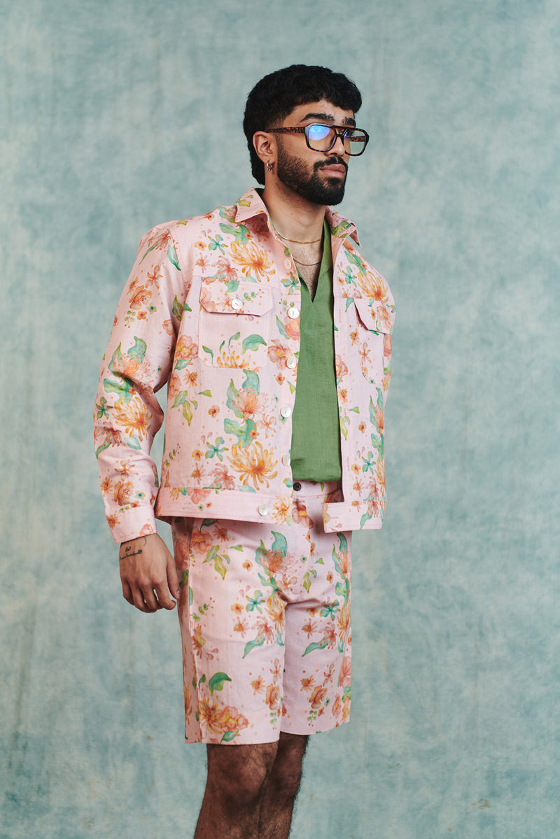 Flora Co-Linen Men's Trucker Jacket cotton linen jacket by Saphed Men in light pink for men Worldwide