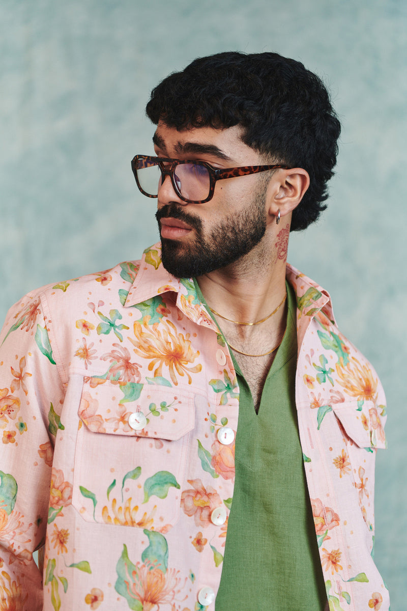 Flora Co-Linen Men's Trucker Jacket Set cotton linen co-ord set by Saphed Men in light pink for men Worldwide