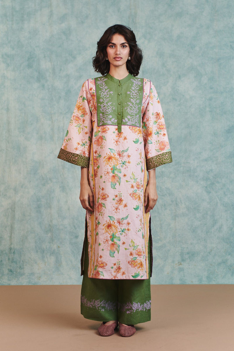 Flora Co Linen Embroidered Multi-Panelled Kurta Set cotton linen light kurta set by Saphed in pink for women Worldwide
