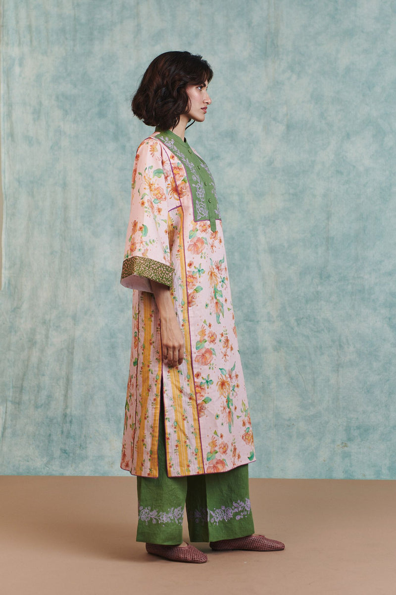 Flora Co Linen Embroidered Multi-Panelled Kurta Set cotton linen light kurta set by Saphed in pink for women Worldwide