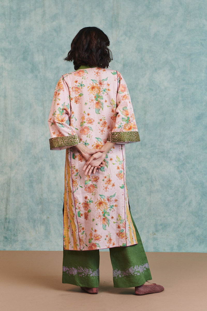 Flora Co Linen Embroidered Multi-Panelled Kurta Set cotton linen light kurta set by Saphed in pink for women Worldwide