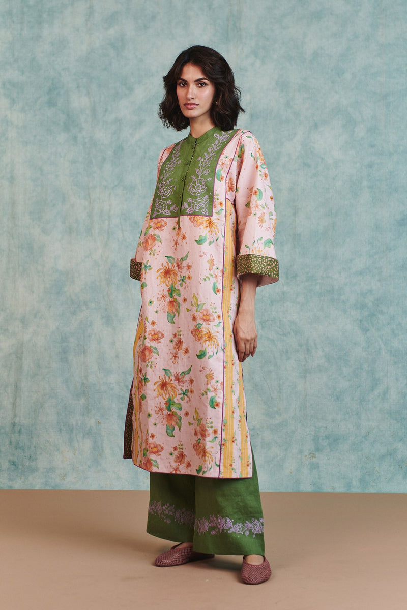 Flora Co Linen Embroidered Multi-Panelled Kurta Set cotton linen light kurta set by Saphed in pink for women Worldwide