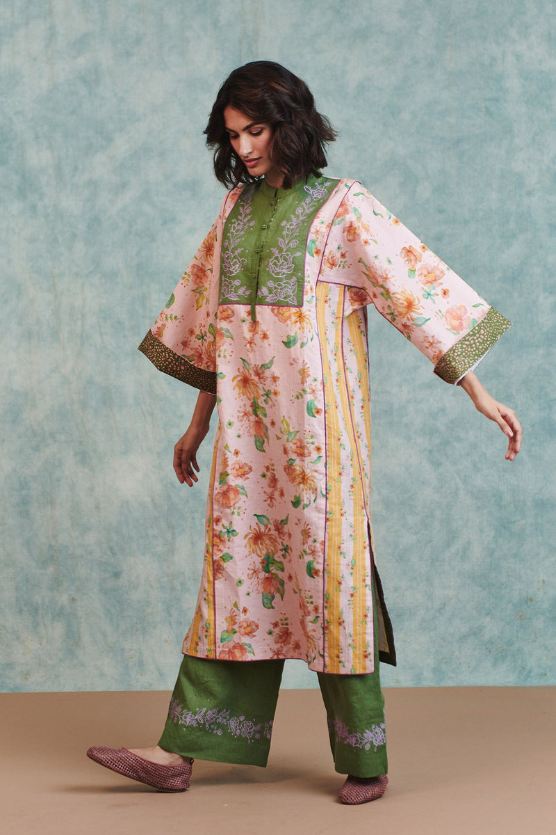 Flora Co Linen Embroidered Multi-Panelled Kurta Set cotton linen light kurta set by Saphed in pink for women Worldwide