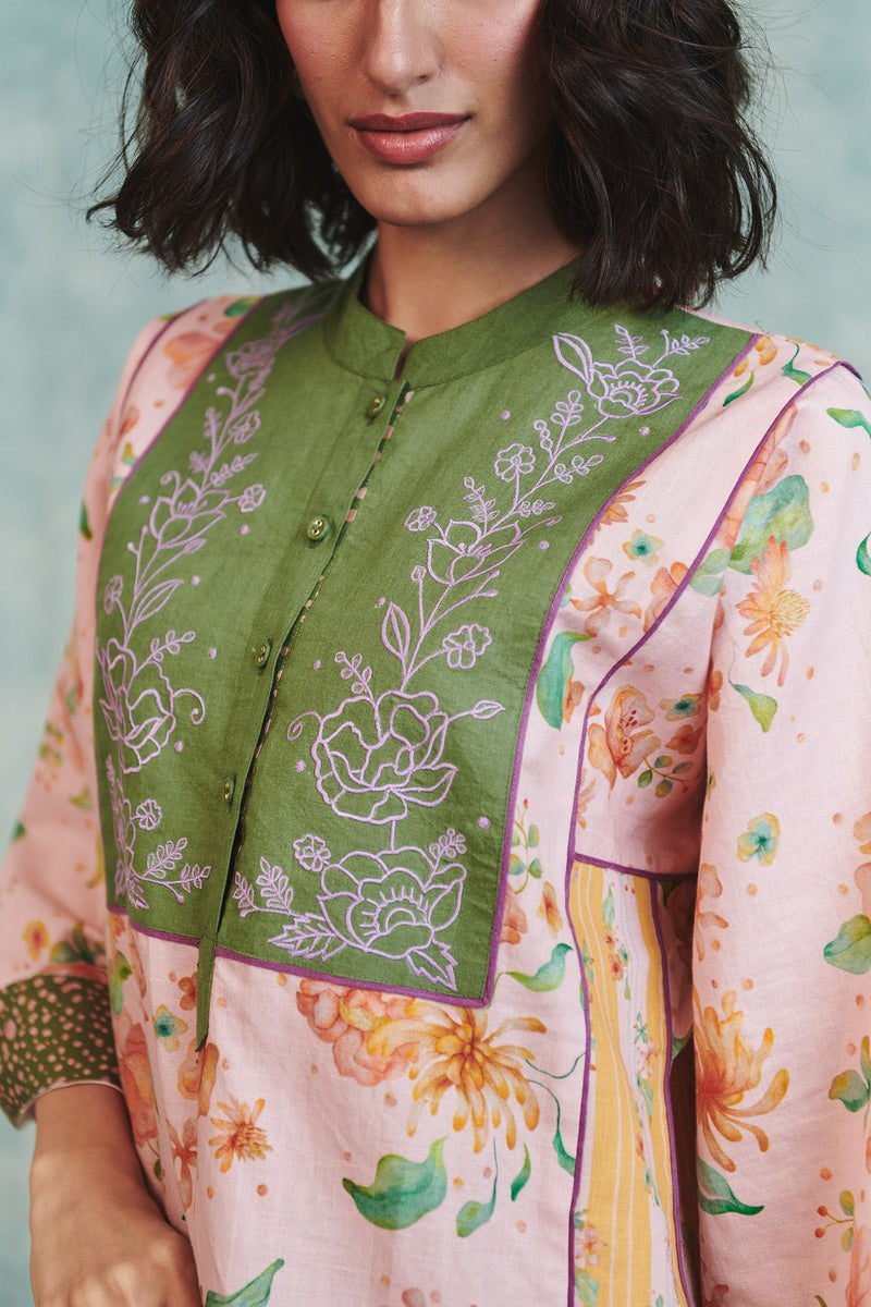 Flora Co Linen Embroidered Multi-Panelled Kurta Set cotton linen light kurta set by Saphed in pink for women Worldwide
