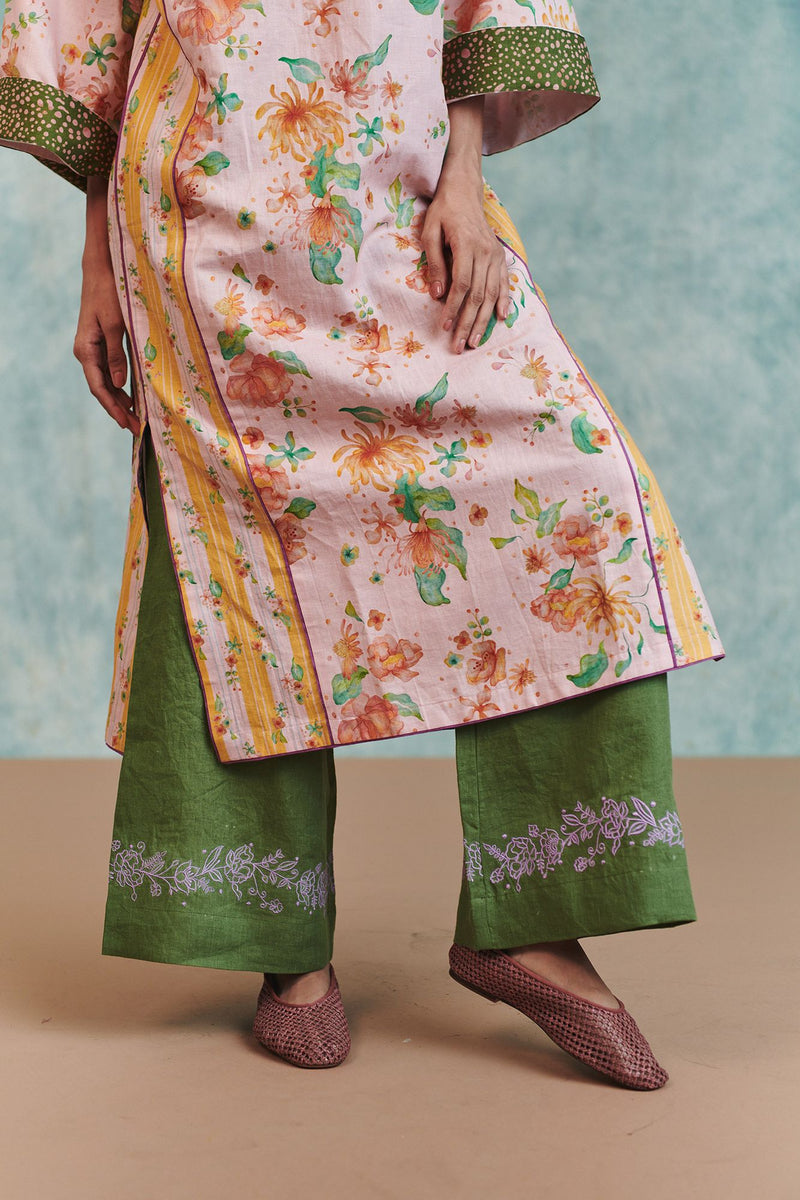 Flora Co Linen Embroidered Multi-Panelled Kurta Set cotton linen light kurta set by Saphed in pink for women Worldwide