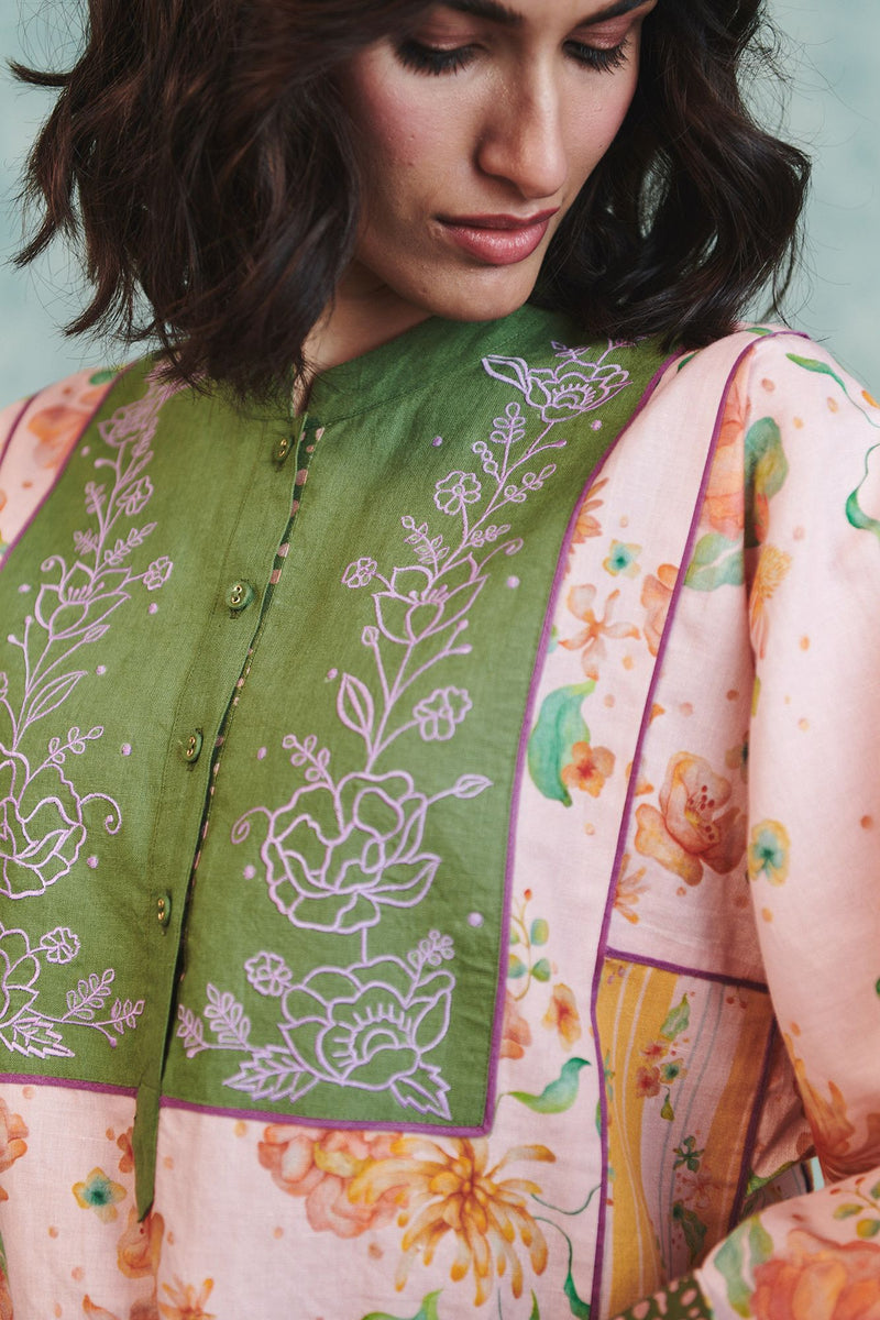 Flora Co Linen Embroidered Multi-Panelled Kurta Set cotton linen light kurta set by Saphed in pink for women Worldwide