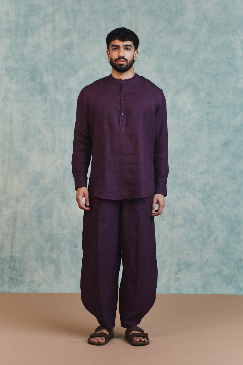Plum Linen Men's Barrel Pants linen pant/trouser by Saphed Men in plum for men Worldwide