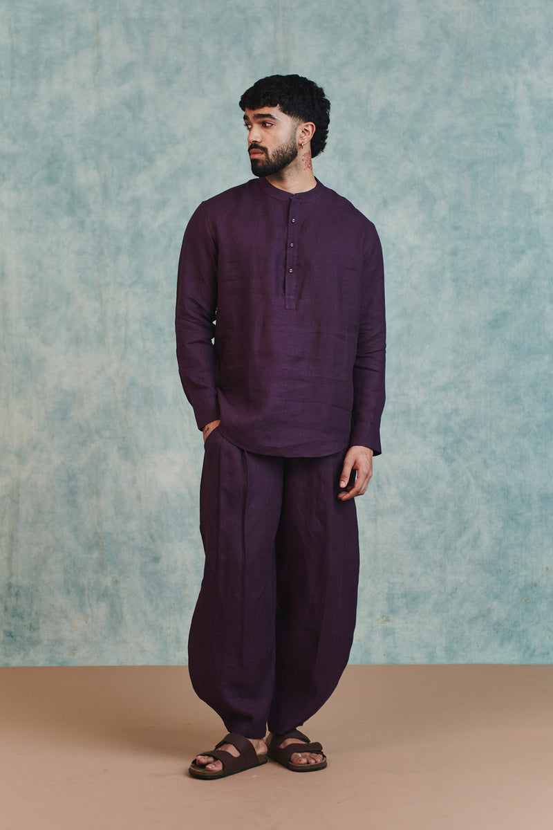 Plum Linen Men's Shirt Kurta & Barrel Pants Set linen kurta/kurta set by Saphed Men in plum for men Worldwide