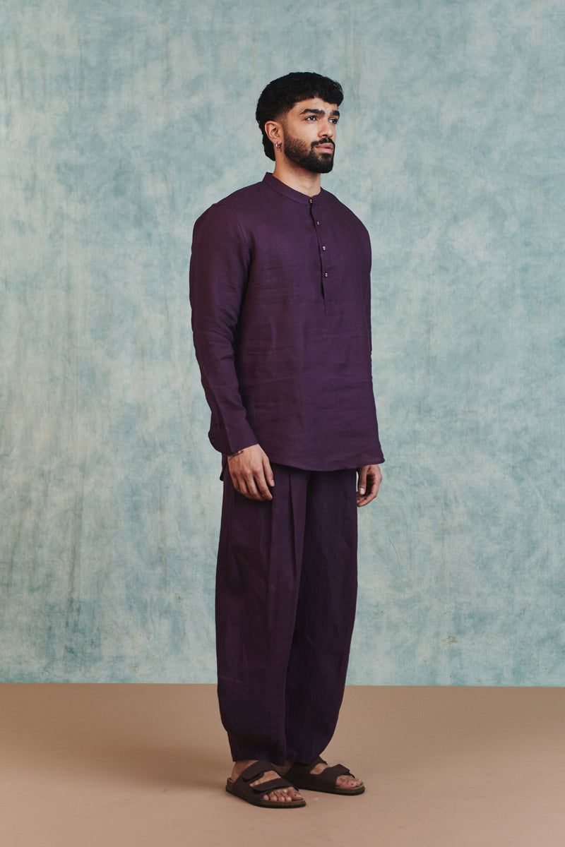 Plum Linen Men's Shirt Kurta & Barrel Pants Set linen kurta/kurta set by Saphed Men in plum for men Worldwide