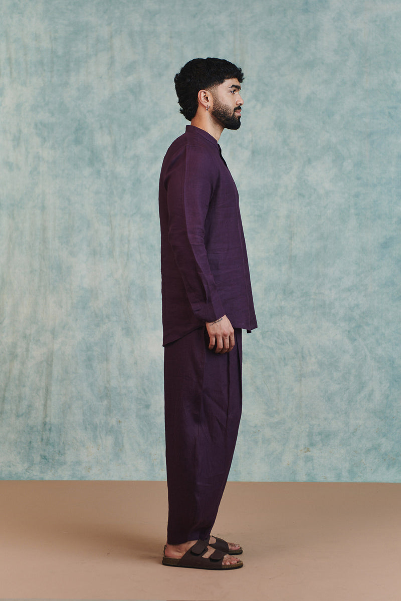 Plum Linen Men's Barrel Pants linen pant/trouser by Saphed Men in plum for men Worldwide