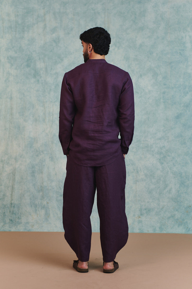 Plum Linen Men's Barrel Pants linen pant/trouser by Saphed Men in plum for men Worldwide