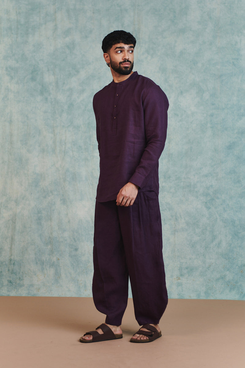 Plum Linen Men's Shirt Kurta & Barrel Pants Set linen kurta/kurta set by Saphed Men in plum for men Worldwide