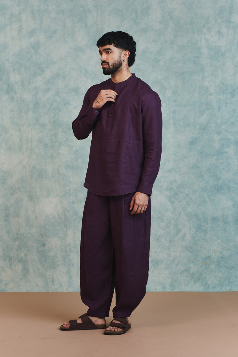 Plum Linen Men's Shirt Kurta linen shirt by Saphed Men in plum for men Worldwide
