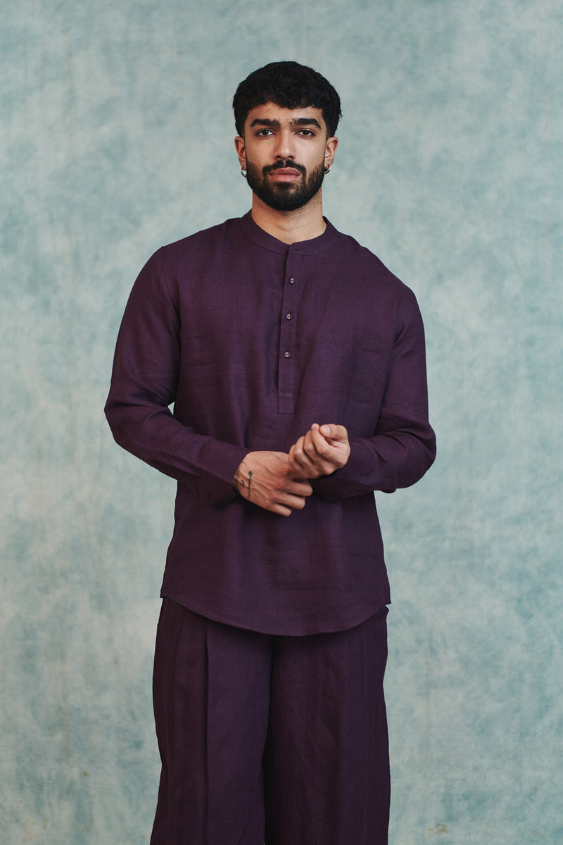 Plum Linen Men's Shirt Kurta linen shirt by Saphed Men in plum for men Worldwide