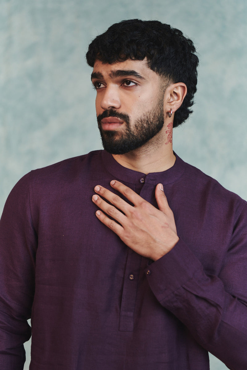 Plum Linen Men's Shirt Kurta & Barrel Pants Set linen kurta/kurta set by Saphed Men in plum for men Worldwide