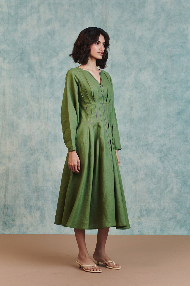 Moss Linen Pleated Waist Dress 100% pure linen dress by Saphed in moss green for women Worldwide