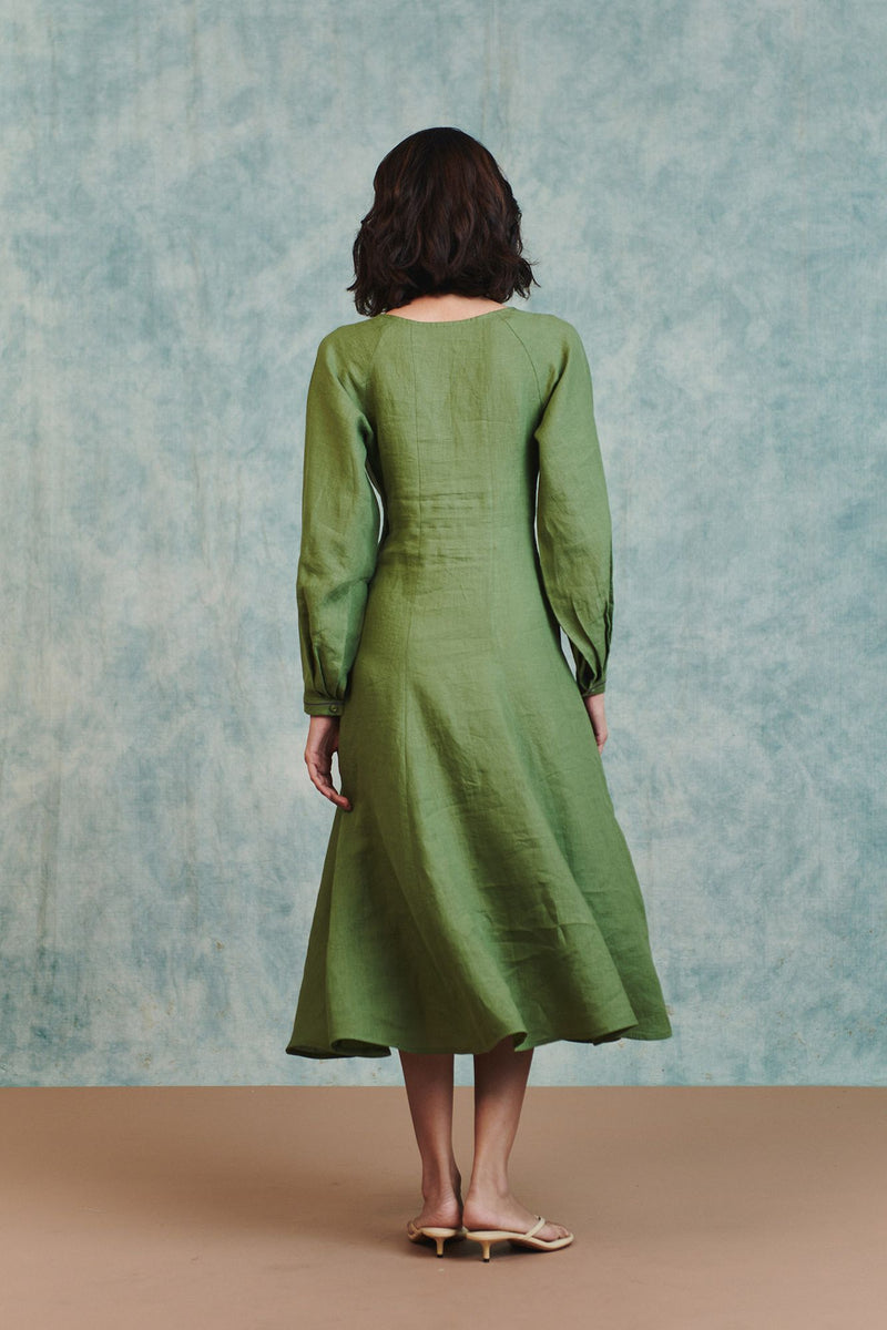 Moss Linen Pleated Waist Dress 100% pure linen dress by Saphed in moss green for women Worldwide