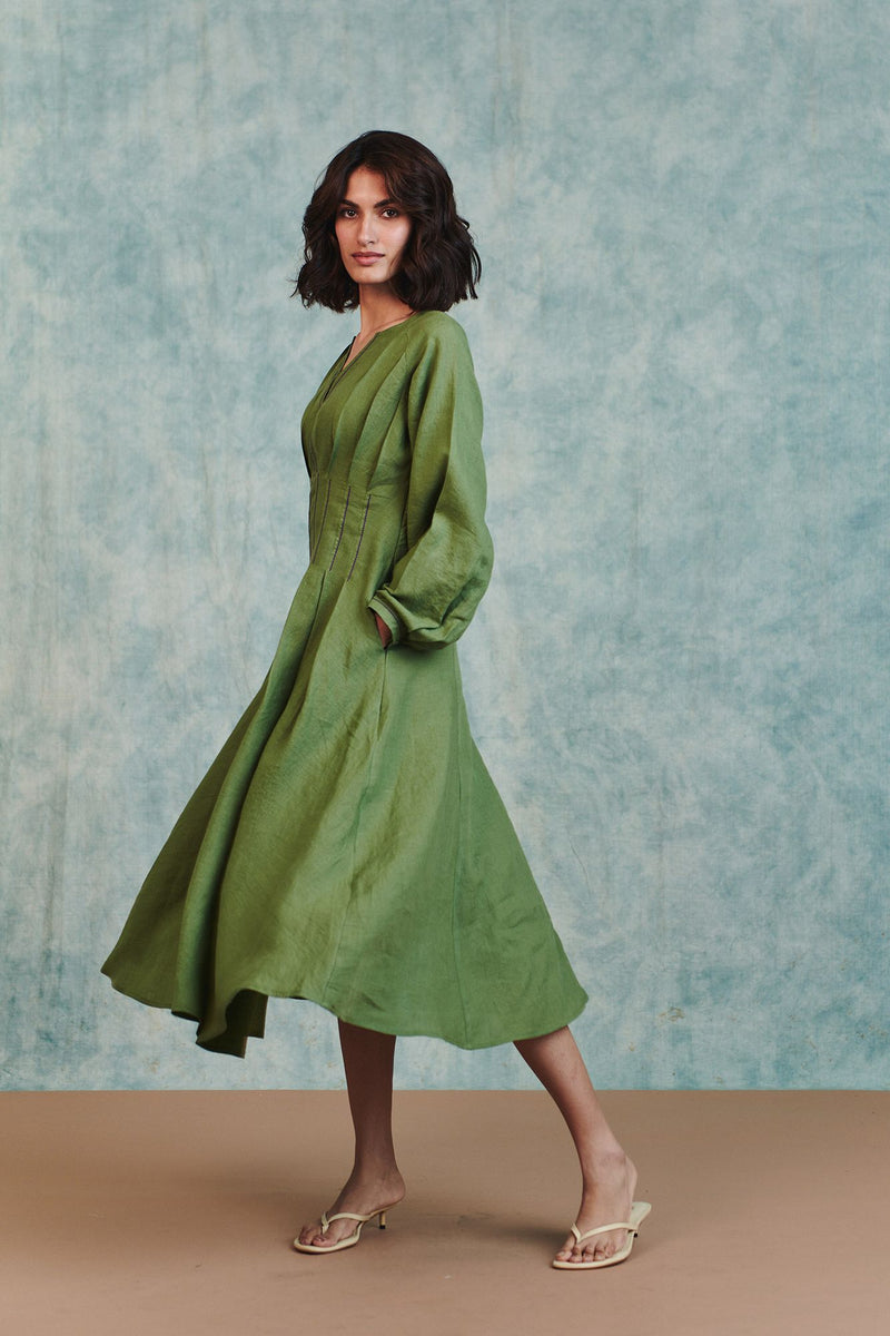 Moss Linen Pleated Waist Dress 100% pure linen dress by Saphed in moss green for women Worldwide