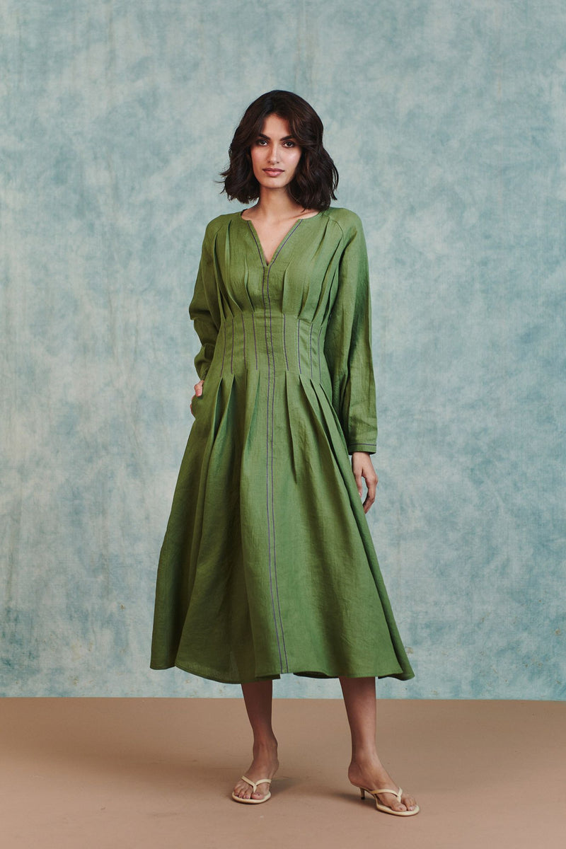 Moss Linen Pleated Waist Dress 100% pure linen dress by Saphed in moss green for women Worldwide