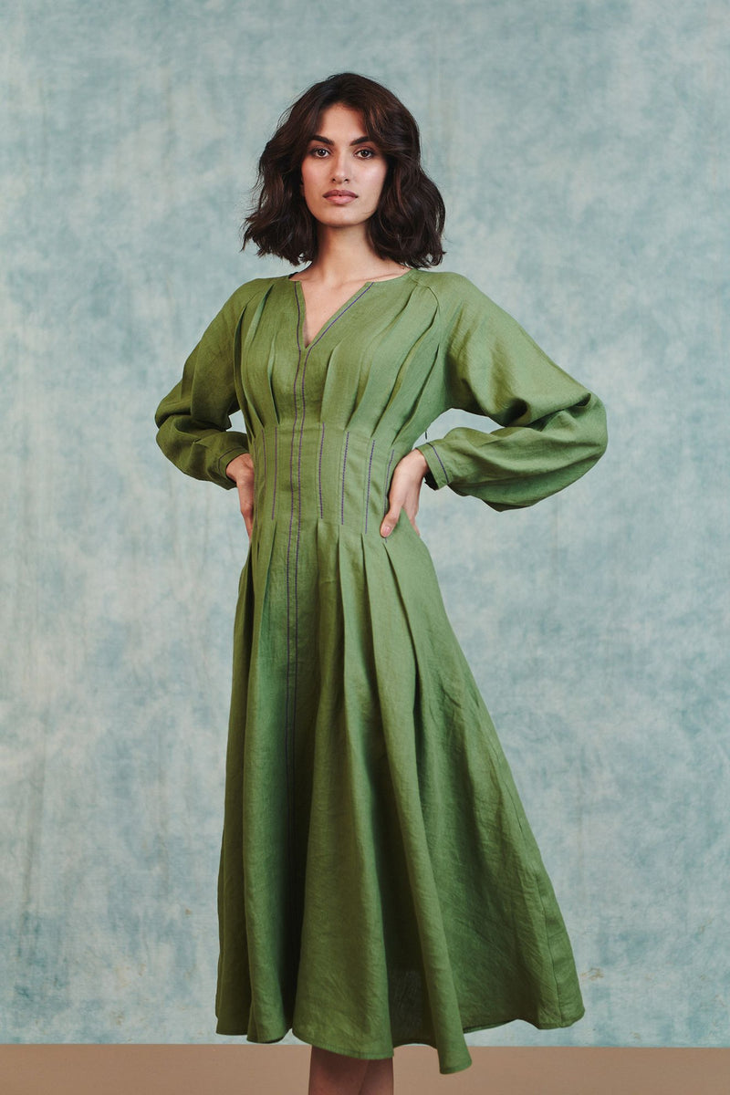 Moss Linen Pleated Waist Dress 100% pure linen dress by Saphed in moss green for women Worldwide