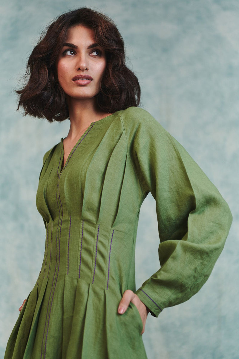 Moss Linen Pleated Waist Dress 100% pure linen dress by Saphed in moss green for women Worldwide