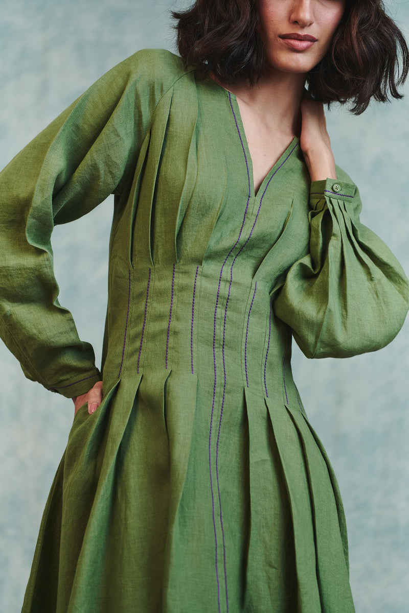 Moss Linen Pleated Waist Dress 100% pure linen dress by Saphed in moss green for women Worldwide