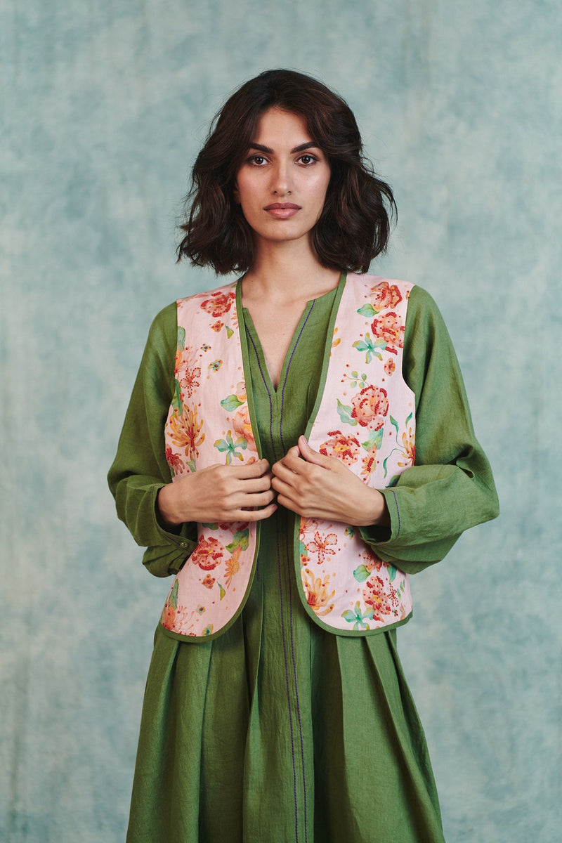 Flora Co Linen Embroidered Rounded Waistcoat cotton linen jacket/overlay by Saphed in light pink for women Worldwide