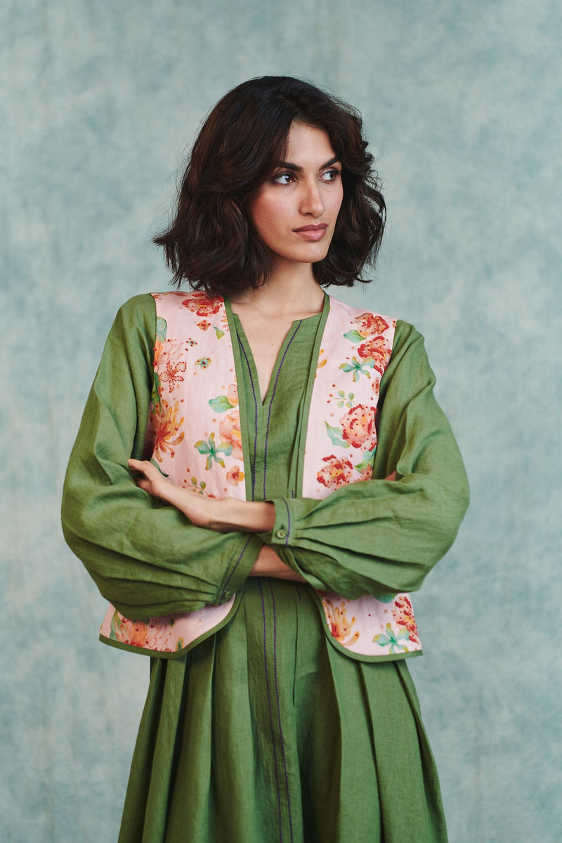 Flora Co Linen Embroidered Rounded Waistcoat cotton linen jacket/overlay by Saphed in light pink for women Worldwide