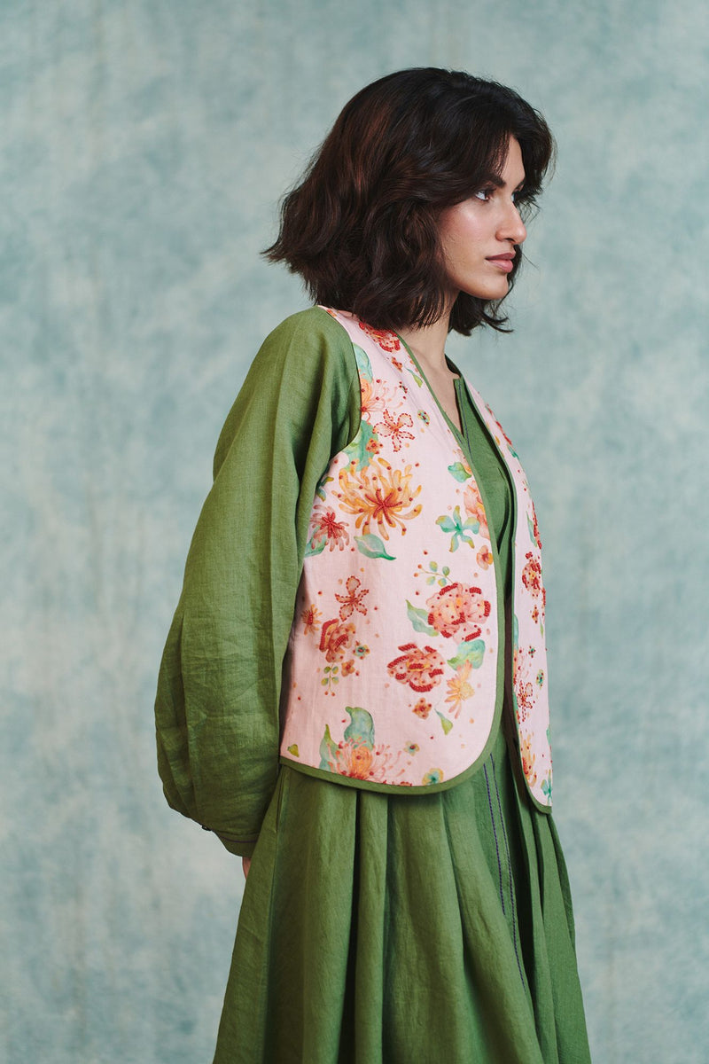 Flora Co Linen Embroidered Rounded Waistcoat cotton linen jacket/overlay by Saphed in light pink for women Worldwide