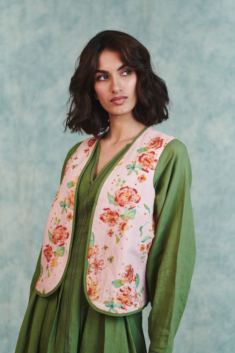 Flora Co Linen Embroidered Rounded Waistcoat cotton linen jacket/overlay by Saphed in light pink for women Worldwide