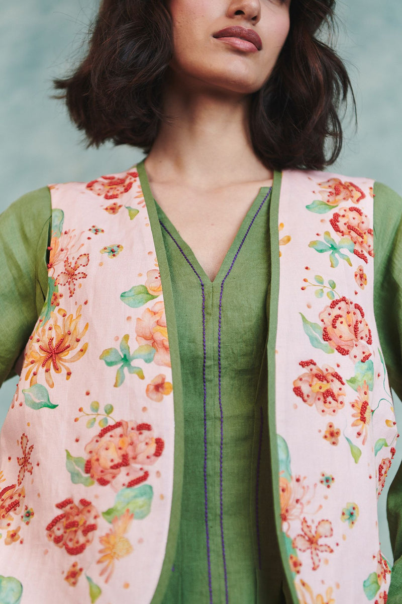 Flora Co Linen Embroidered Rounded Waistcoat cotton linen jacket/overlay by Saphed in light pink for women Worldwide