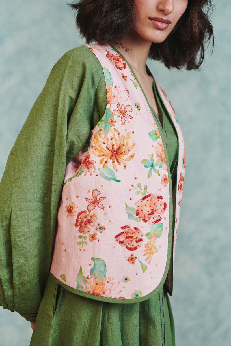 Flora Co Linen Embroidered Rounded Waistcoat cotton linen jacket/overlay by Saphed in light pink for women Worldwide