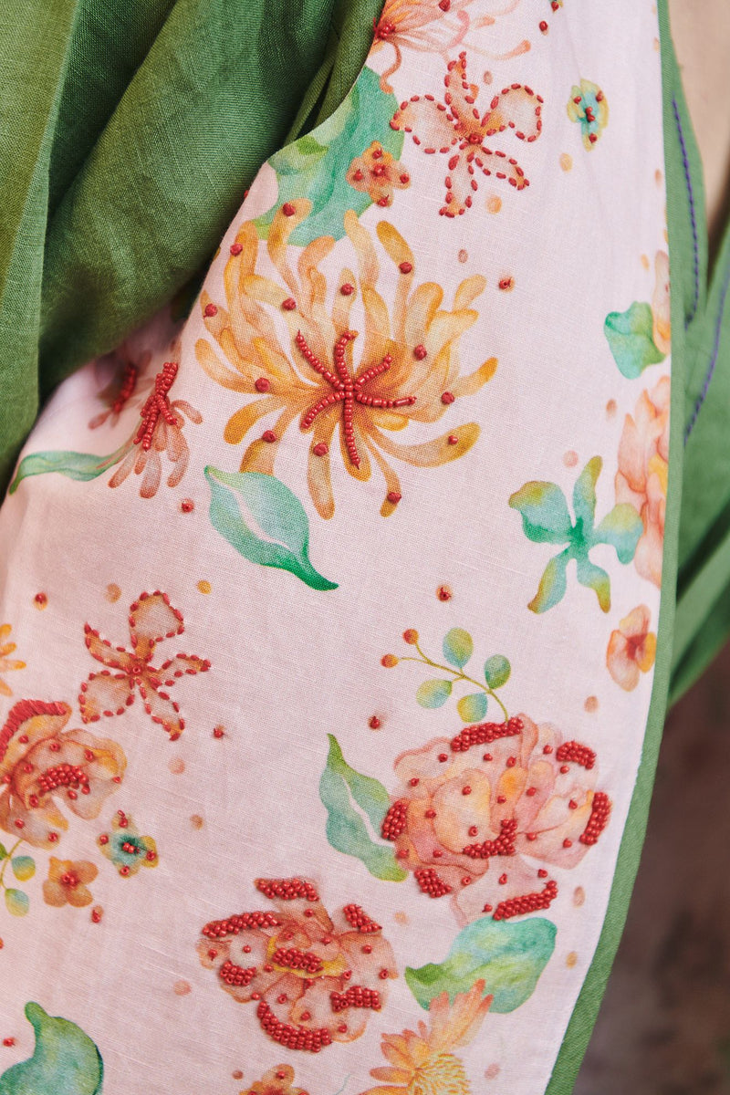 Flora Co Linen Embroidered Rounded Waistcoat cotton linen jacket/overlay by Saphed in light pink for women Worldwide