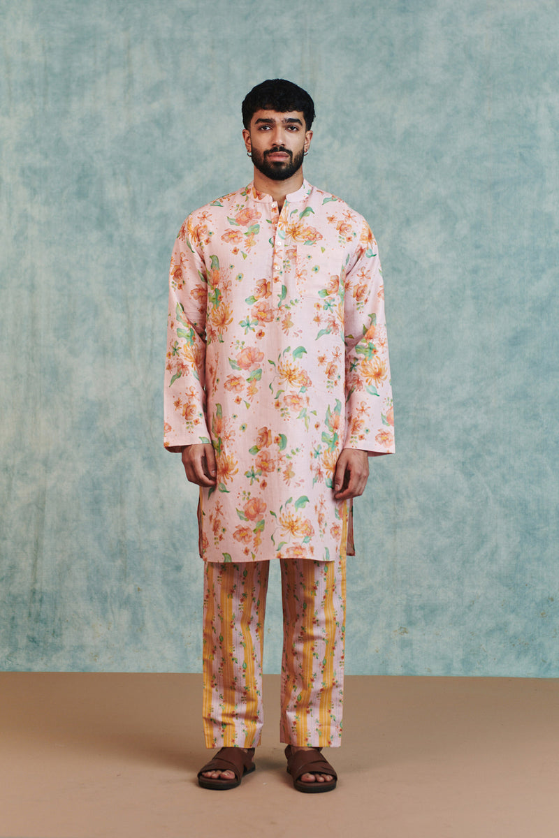 Flora Co-Linen Men's Classic Kurta Set cotton linen kurta/kurta set by Saphed Men in light pink for men Worldwide