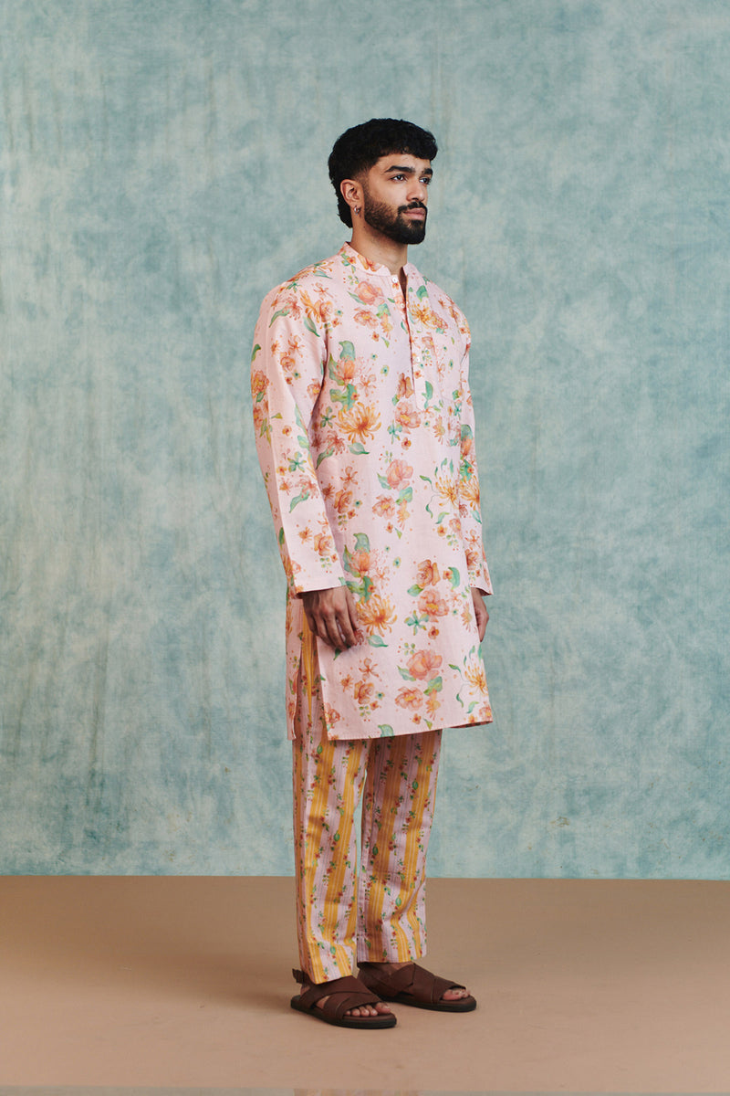 Flora Co-Linen Men's Classic Kurta Set cotton linen kurta/kurta set by Saphed Men in light pink for men Worldwide