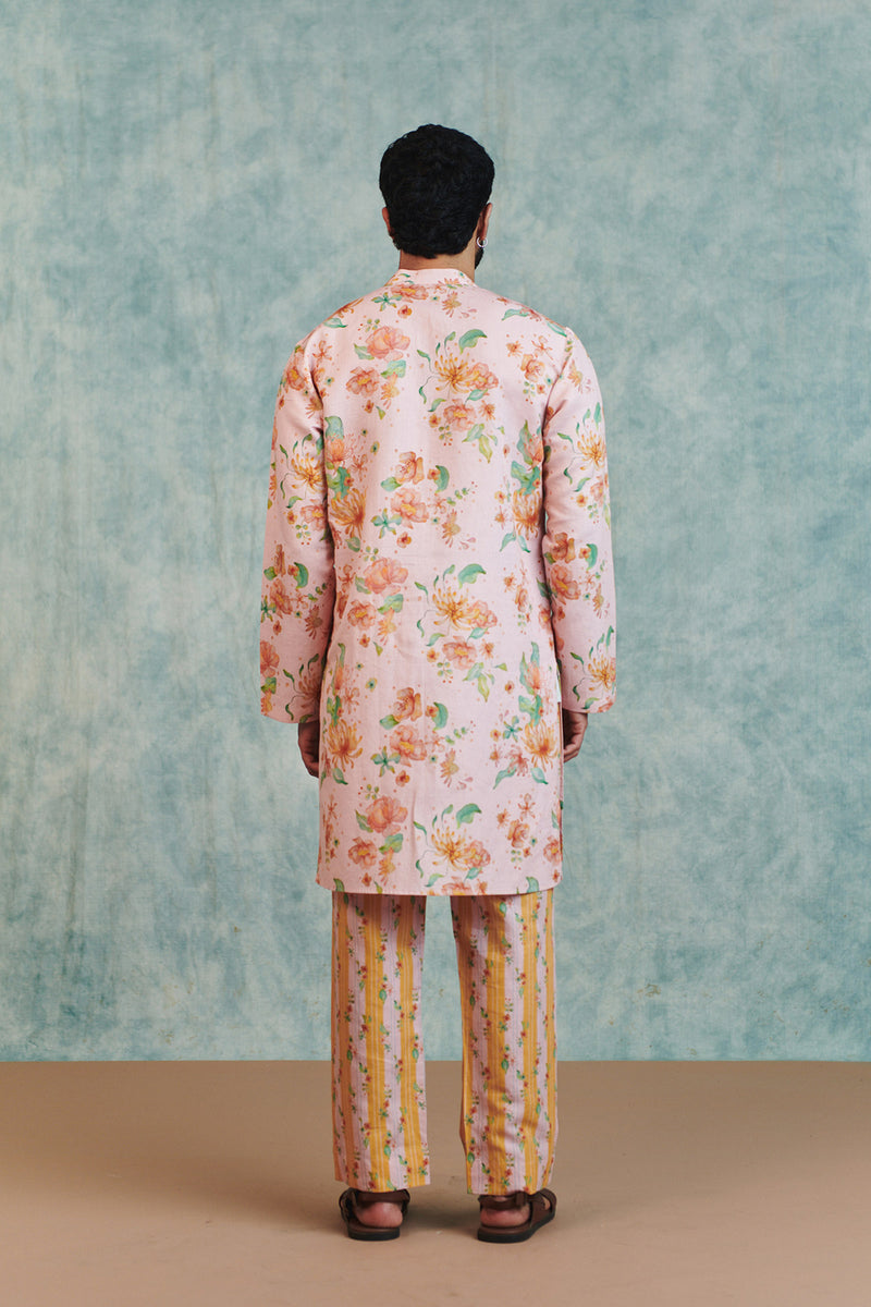 Flora Co-Linen Men's Classic Kurta Set cotton linen kurta/kurta set by Saphed Men in light pink for men Worldwide